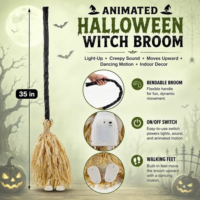 Animated 35 inch Halloween witch broom details