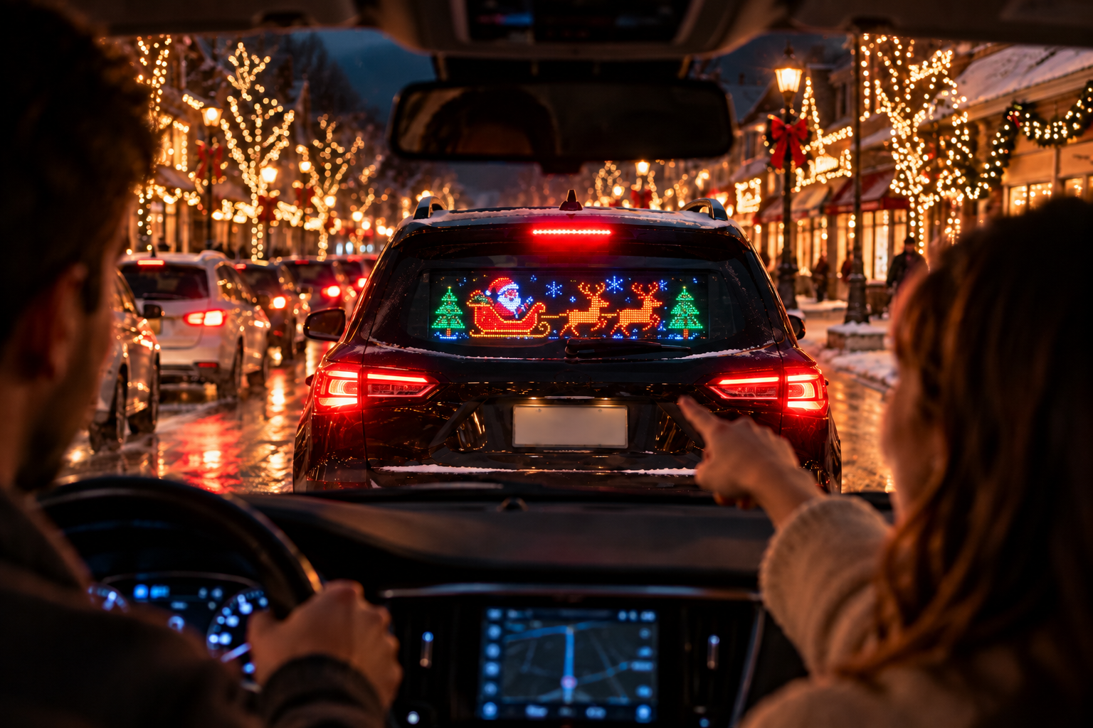 Festive Santa sleigh LED rear-window display on a Christmas-lit street