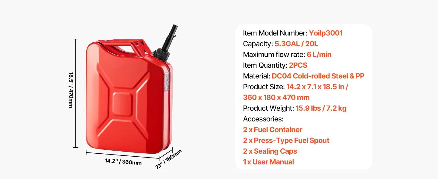 VEVOR 2-Pack 20L Heat-Stable Metal Fuel Jerry Can with Spout, Comfort Handle, 6 L/min Smooth Pouring, Leakproof, Corrosion-Resistant, Wide Pouring Tube, Bump-Proof Seal, Impact-Resistant, Car Tool, Cars Accessories, 2pack for Trips,toolupgrade