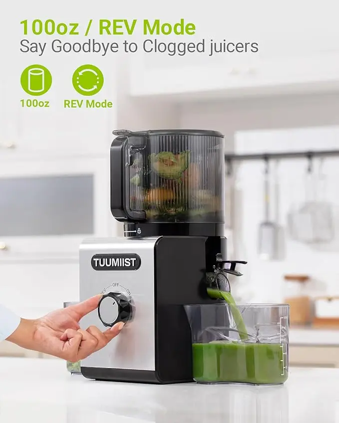 Cold Pressed Juicer - 6.5 in Extra Large Feed Chute Kitchen Accessories, Knob Control Adjustable Speed, Whole Fruit & Vegetable Compatible, Easy to Clean, High Juice Yield, BPA Free, Ideal for Fitness Routines & Gifting, Meal Prep & Family Meals