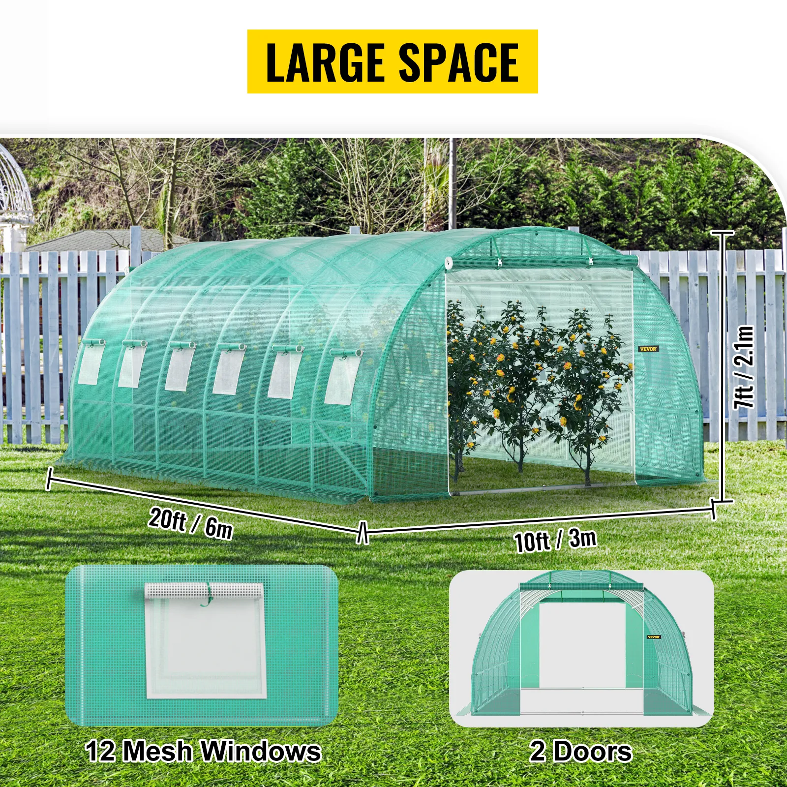 20 x 10 x 7 ft green tunnel greenhouse with 12 mesh windows and two doors
