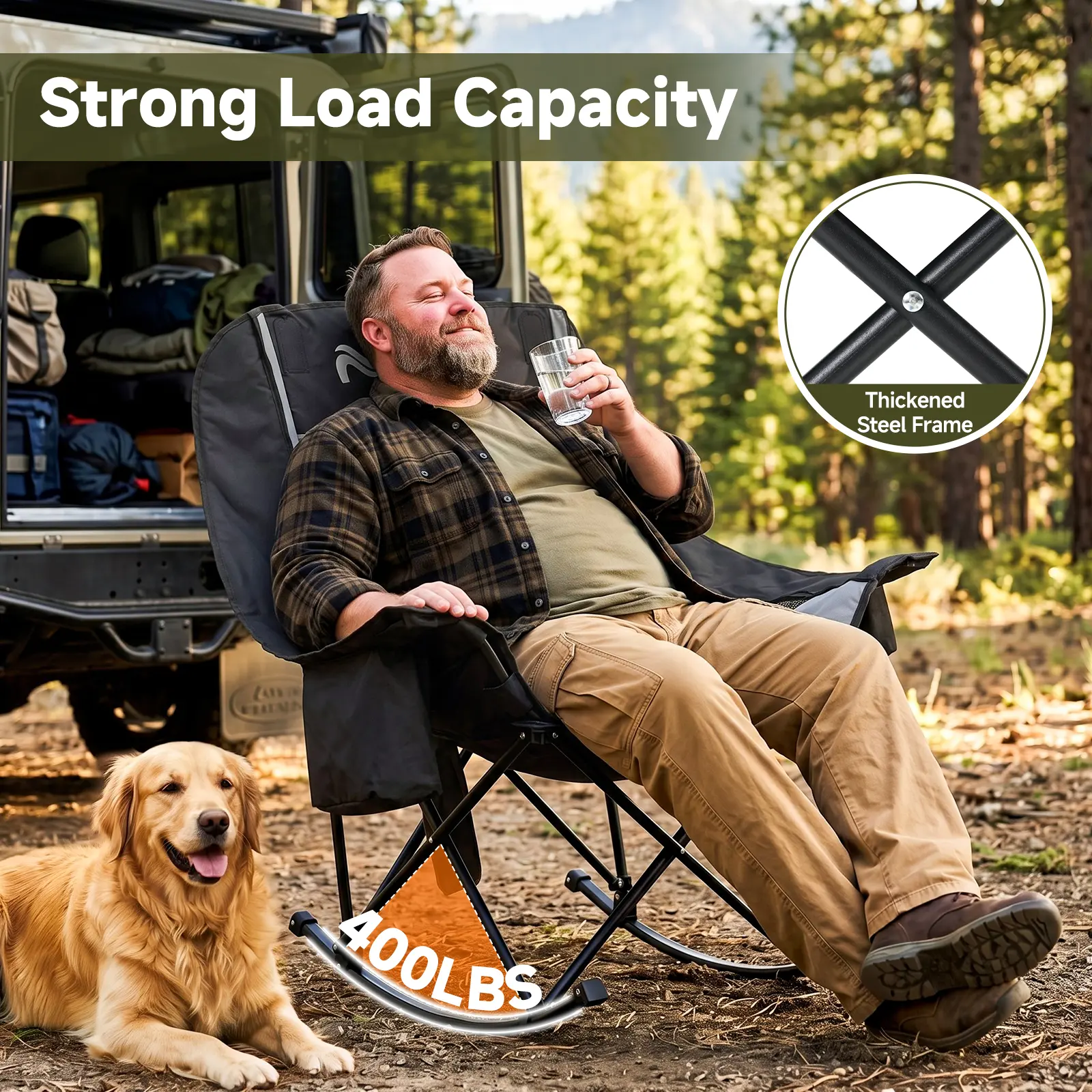 XXL Heated Folding Rocking Camping Chair, Dual-Zone Heating, Built-in Cooler, 400lb Capacity