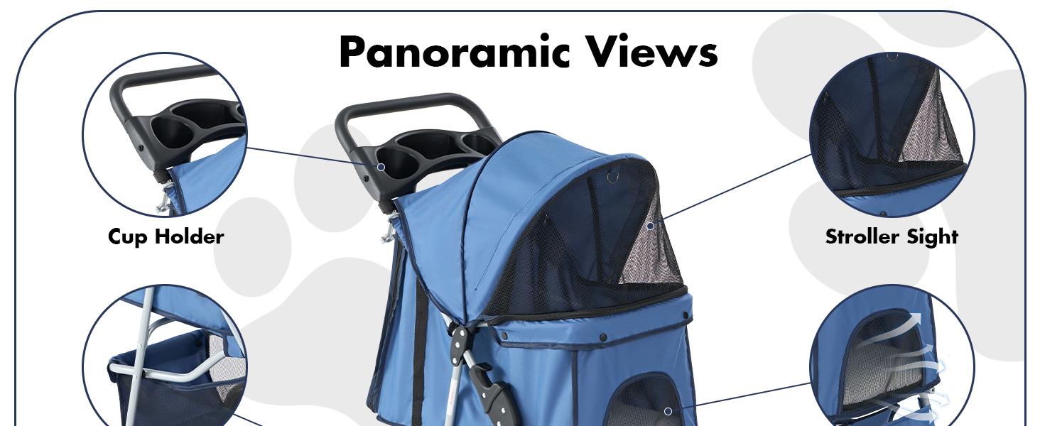 Sweetcrispy 3-Wheel Pet Stroller, 360° Swivel Front 6.3" Smooth Wheels, Oxford Fabric Breathable Mesh Carrier Bag, 11 lbs Lightweight Metal Frame, Waterproof Foldable Design, Storage Basket, Cup Holder Ready, Ideal for Small/Medium Dogs & Daily Park Walks