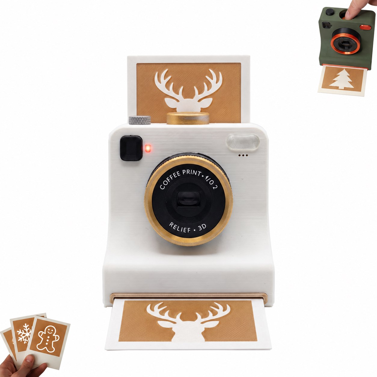 White latte art camera with Christmas stencil cards