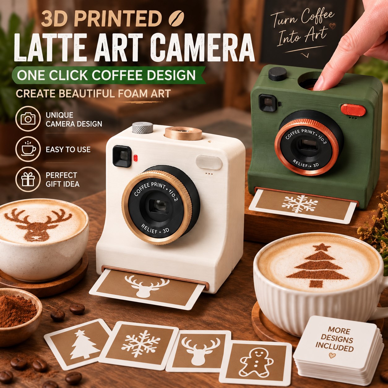 Christmas reindeer and tree latte art with holiday stencil cards