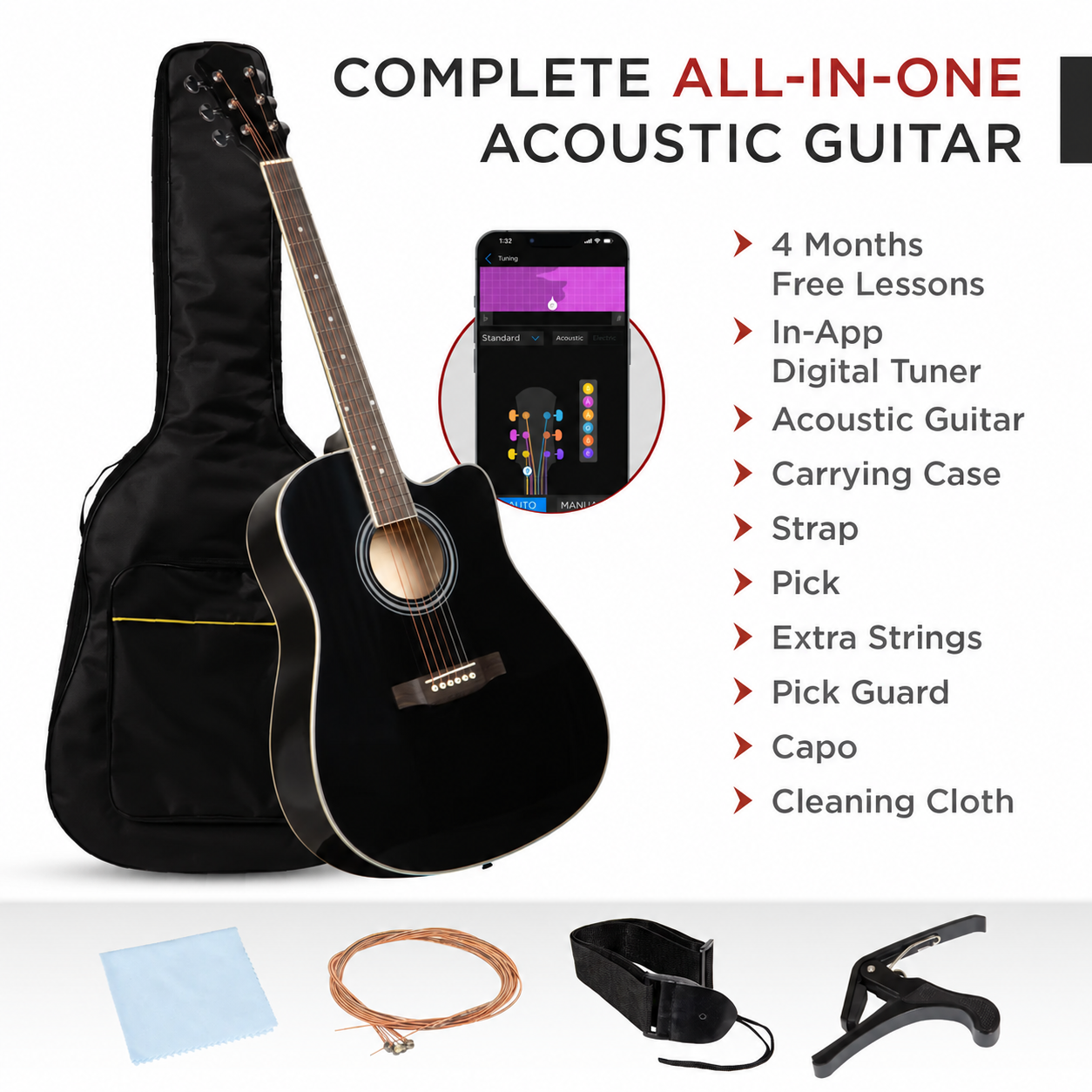 Complete black acoustic guitar kit with logo-free carrying case
