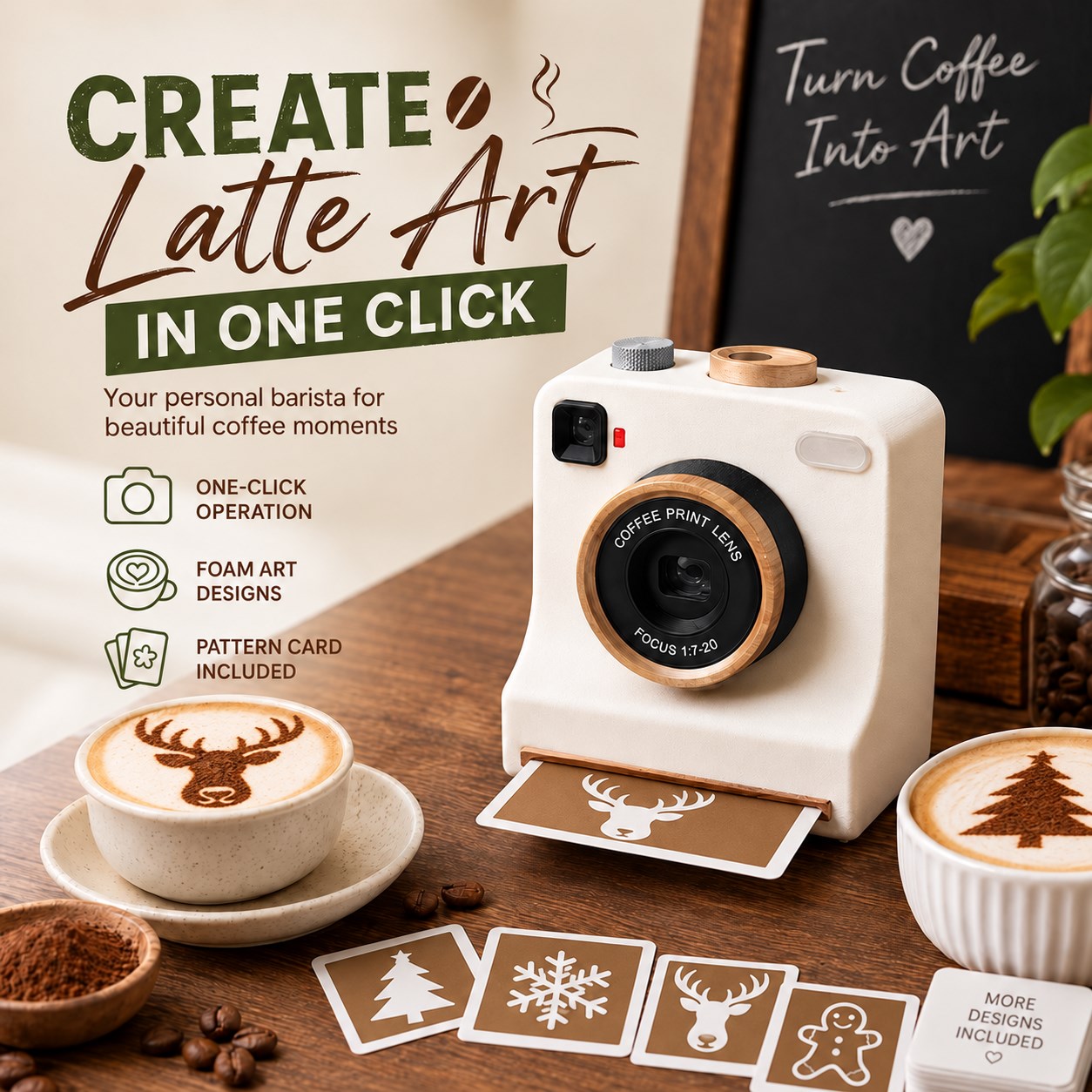 Christmas latte art camera with reindeer and Christmas tree drinks, tree snowflake reindeer and gingerbread stencil cards
