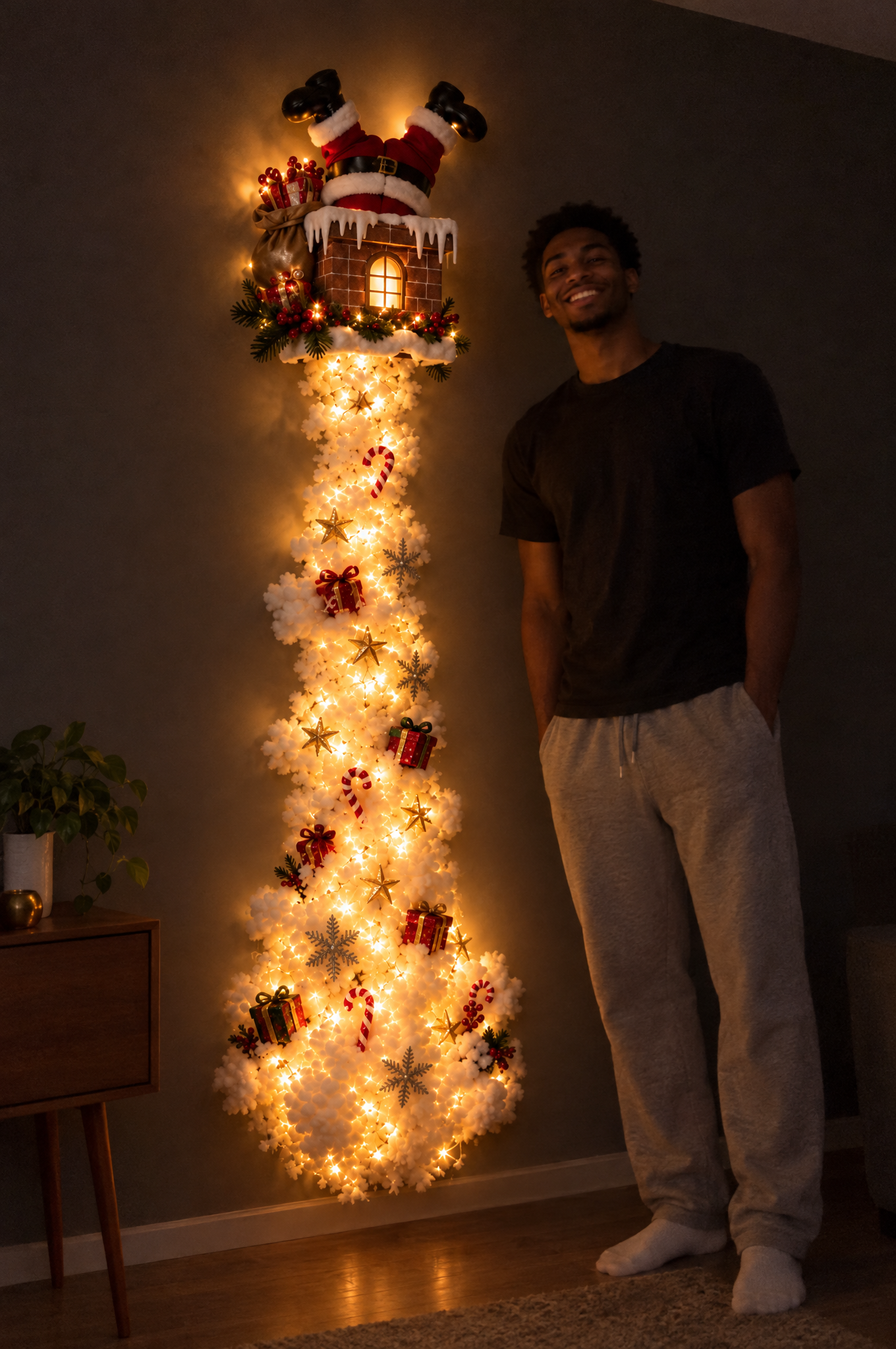 The illuminated Santa decoration beside a person in an evening room