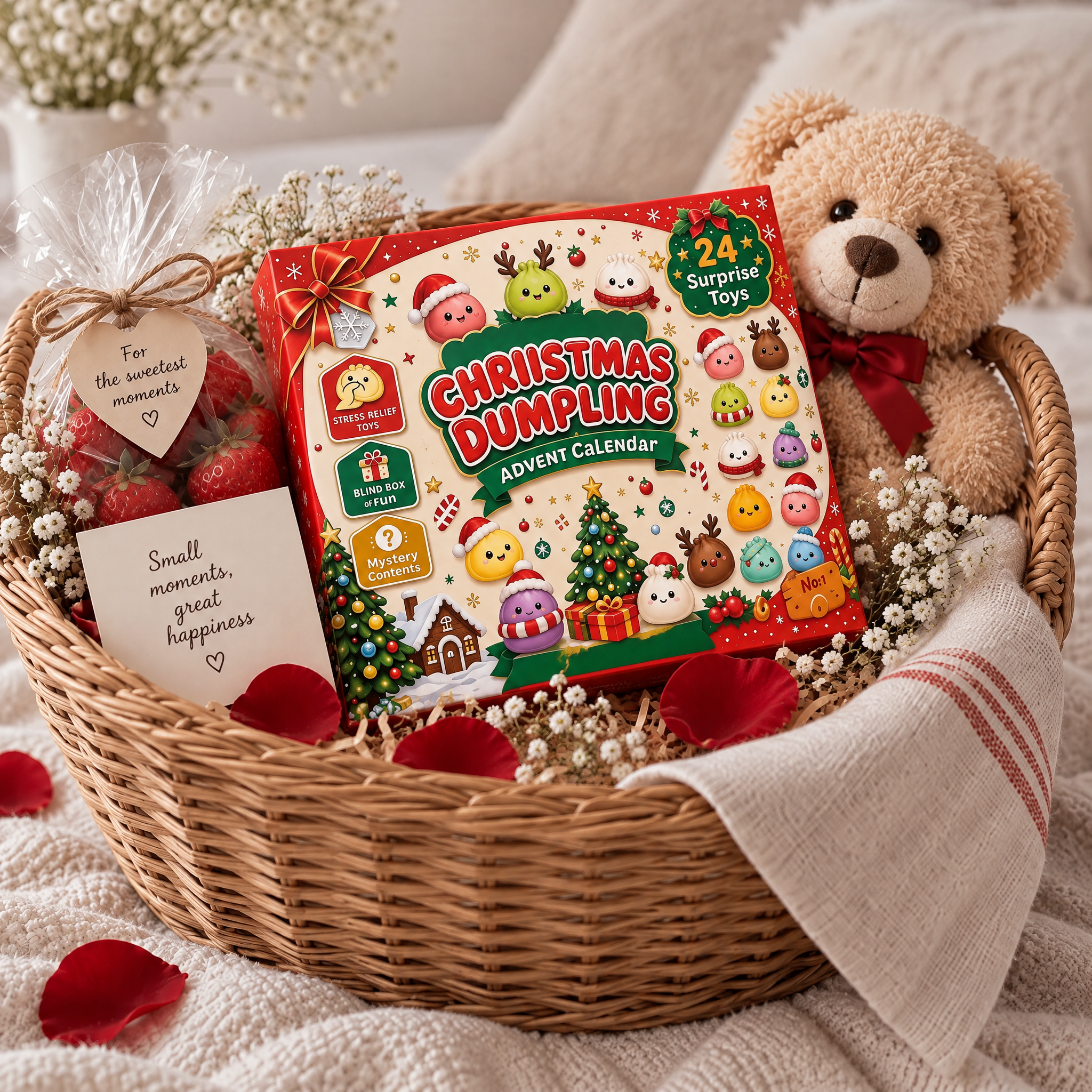 Christmas countdown gift box in a basket with a teddy bear