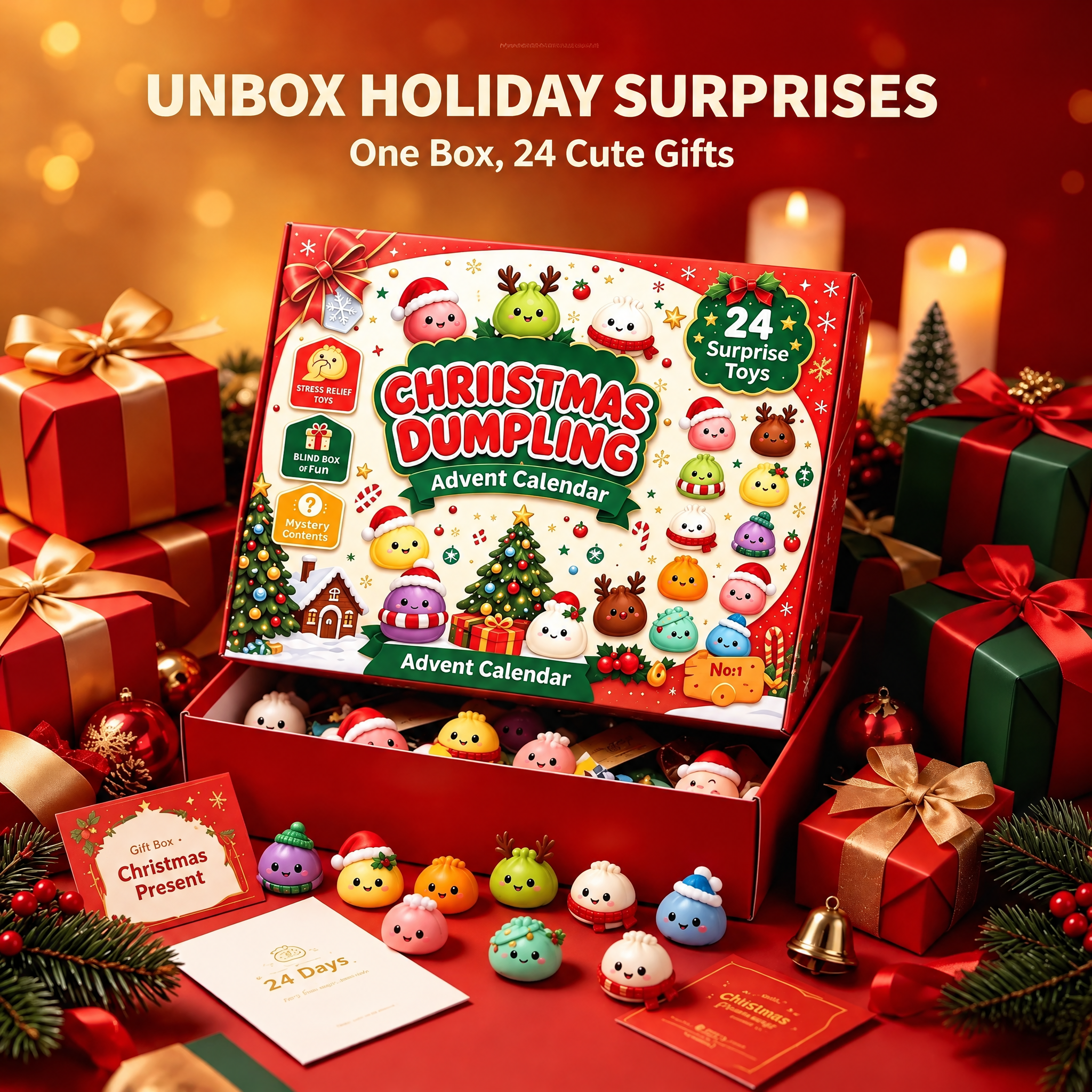 Open holiday gift box with colorful dumpling-shaped squishy toys