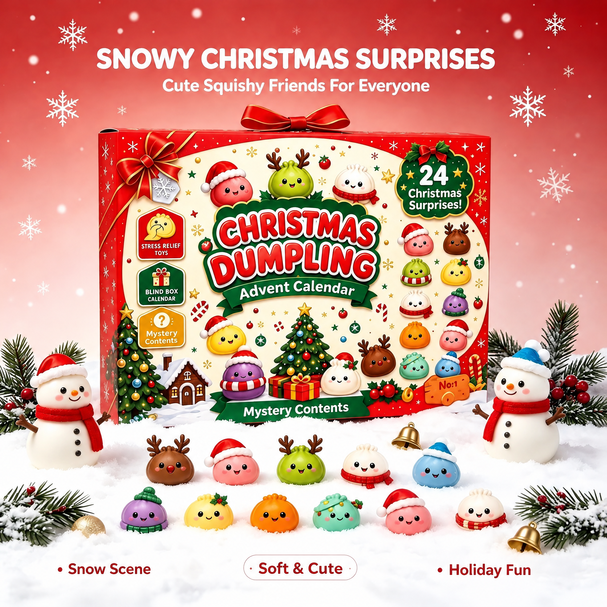 Christmas dumpling countdown box with squishy characters in a snowy setting