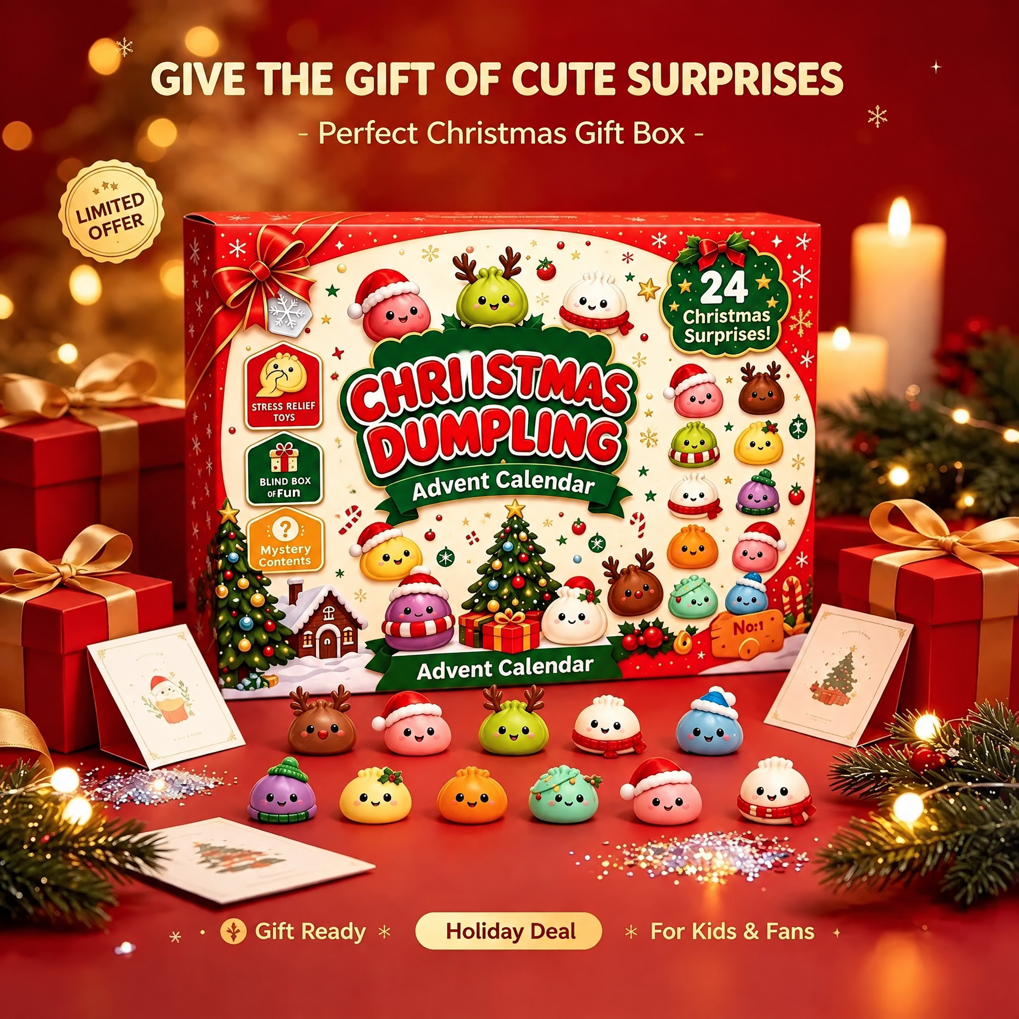 Christmas countdown box and squishy toys arranged beside wrapped gifts