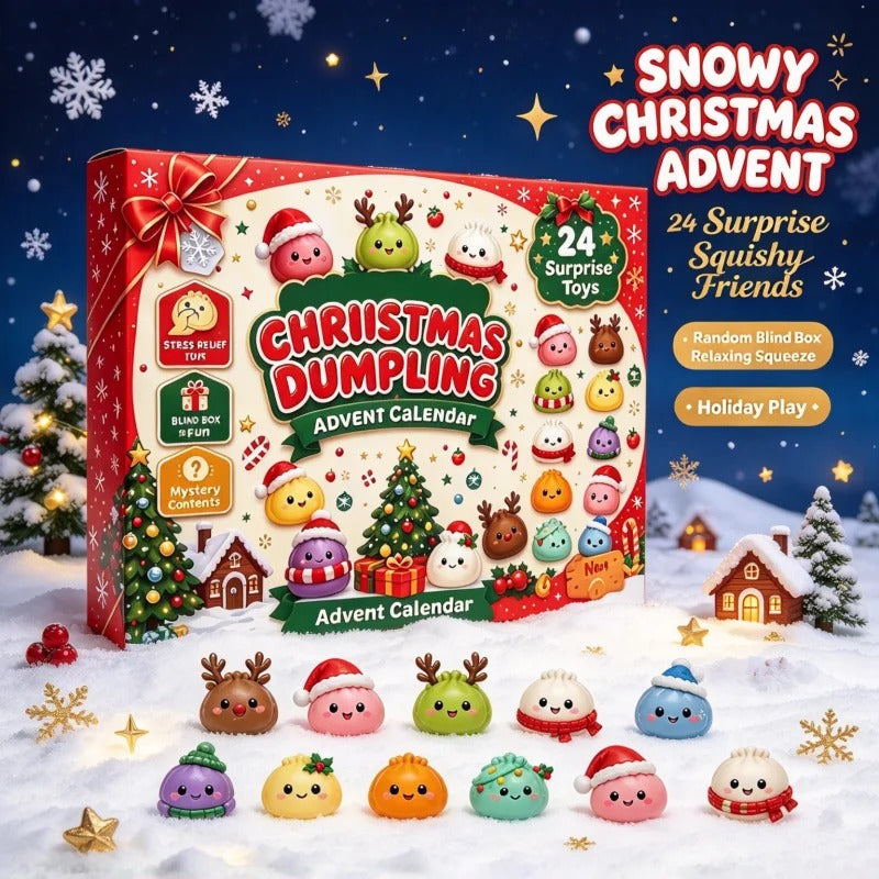 Holiday dumpling calendar with a display of surprise squishy characters