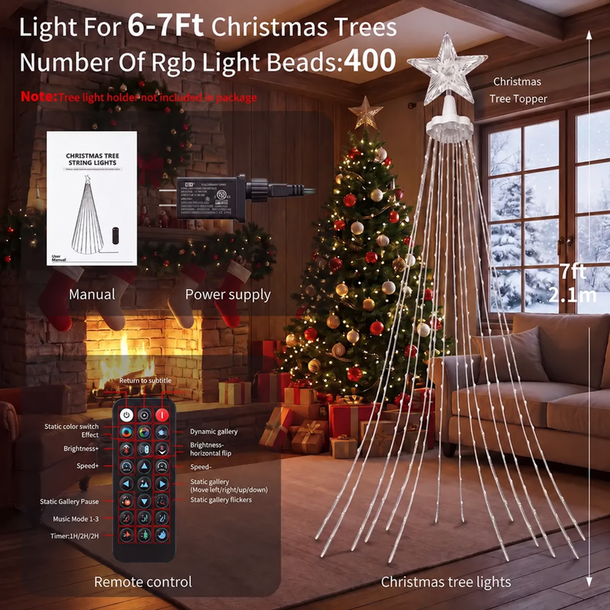 7ft white wire RGB Christmas tree lights only