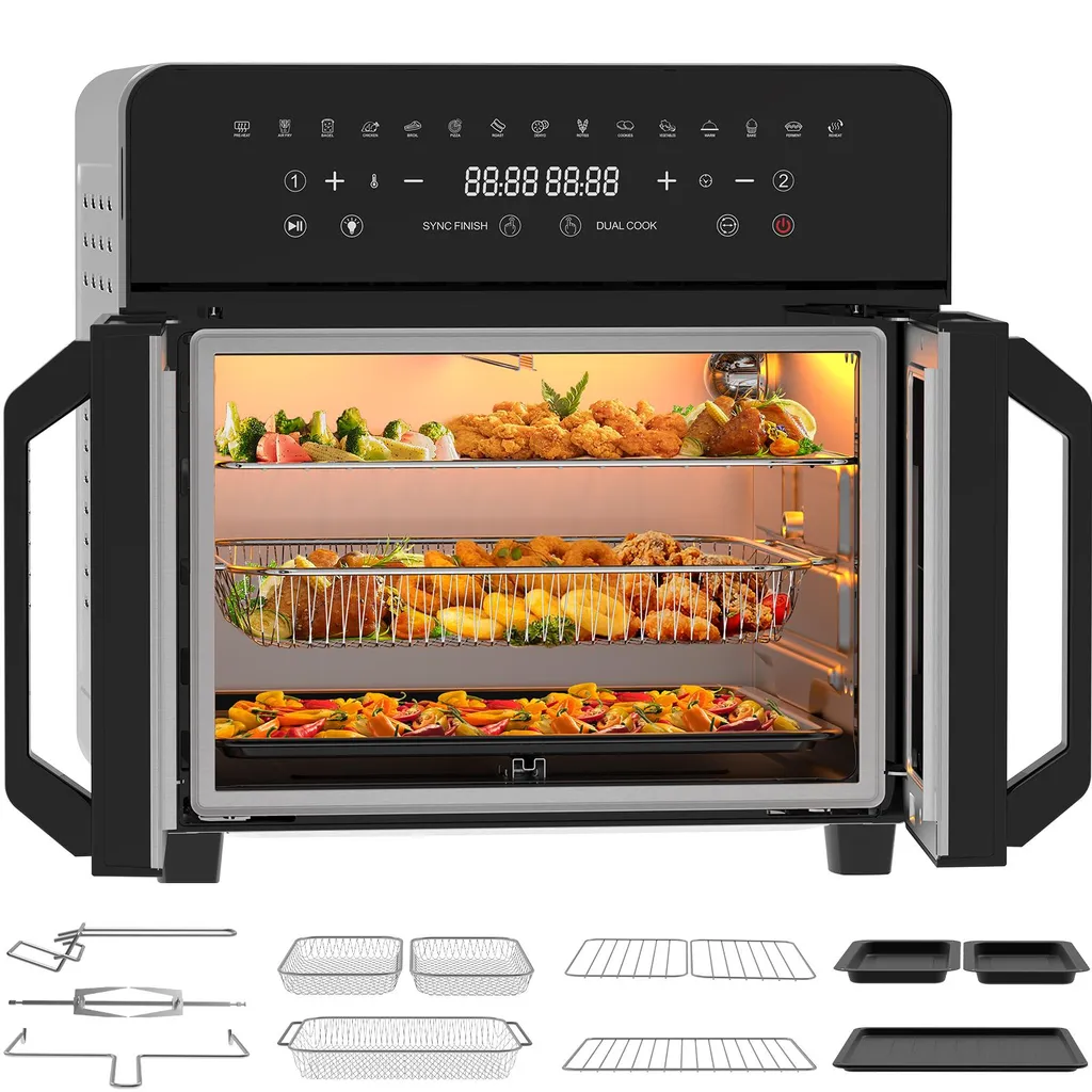 Friggitrice ad aria 23L a doppia zona, doppia porta con finestra, 15 programmi, touch LED, parete rimovibile, 2200 W