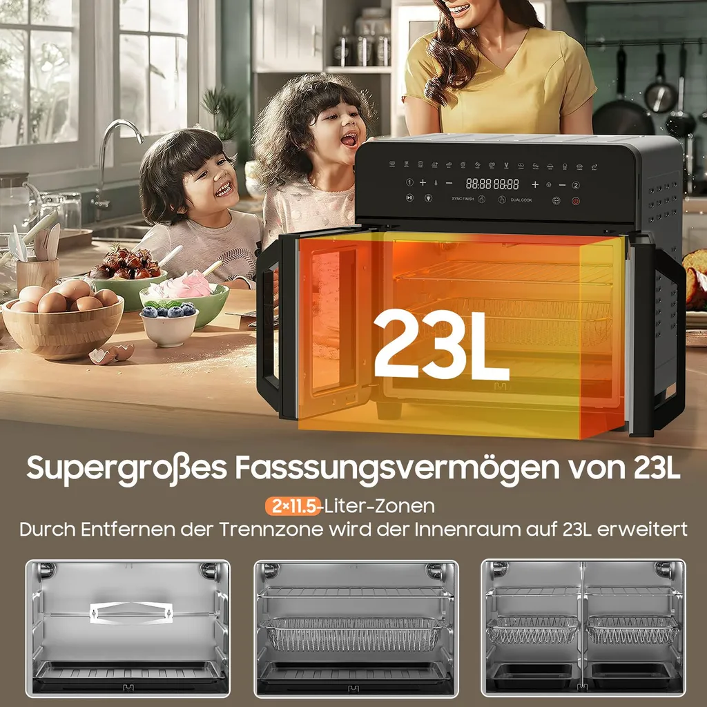 Friggitrice ad aria 23L a doppia zona, doppia porta con finestra, 15 programmi, touch LED, parete rimovibile, 2200 W