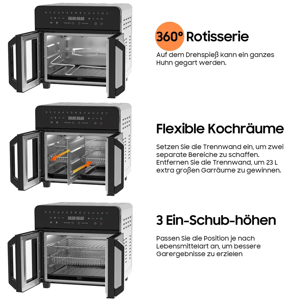 Friggitrice ad aria 23L a doppia zona, doppia porta con finestra, 15 programmi, touch LED, parete rimovibile, 2200 W