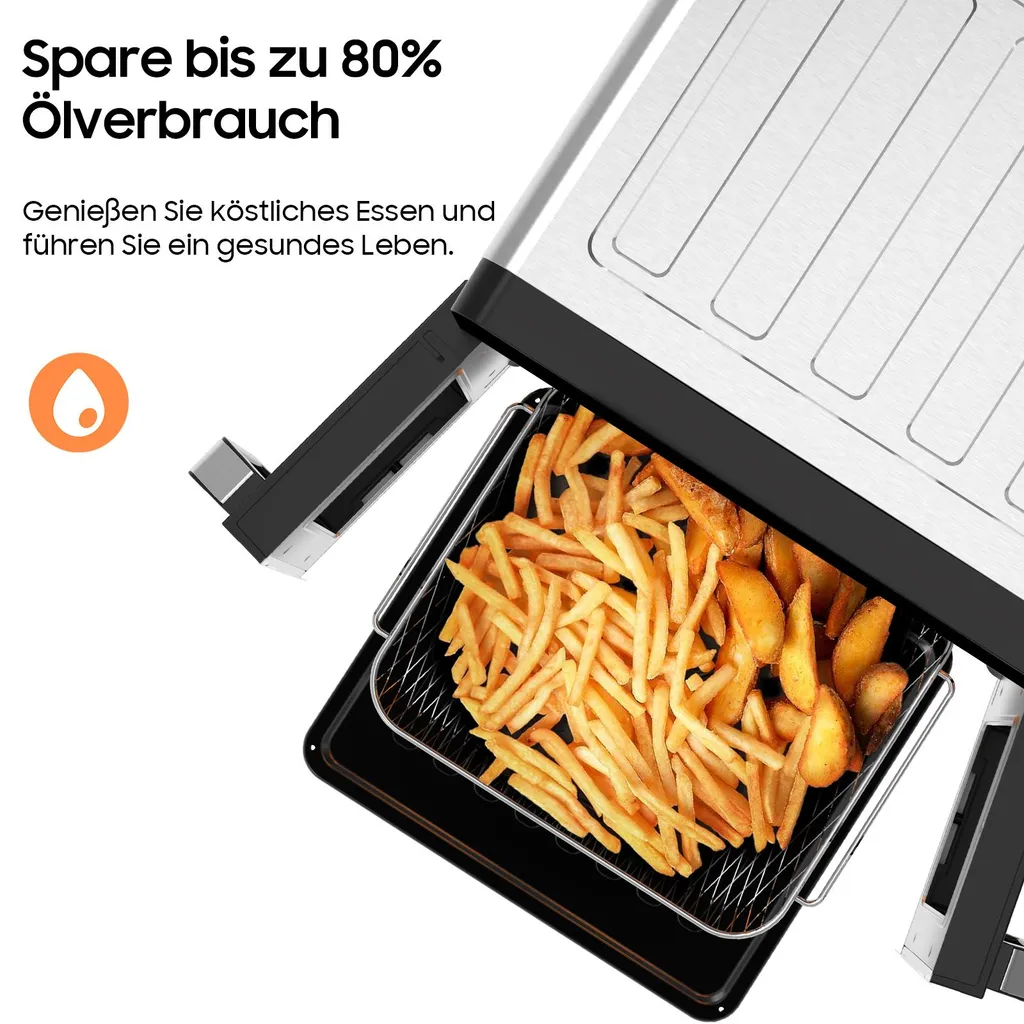 Friggitrice ad aria 23L a doppia zona, doppia porta con finestra, 15 programmi, touch LED, parete rimovibile, 2200 W