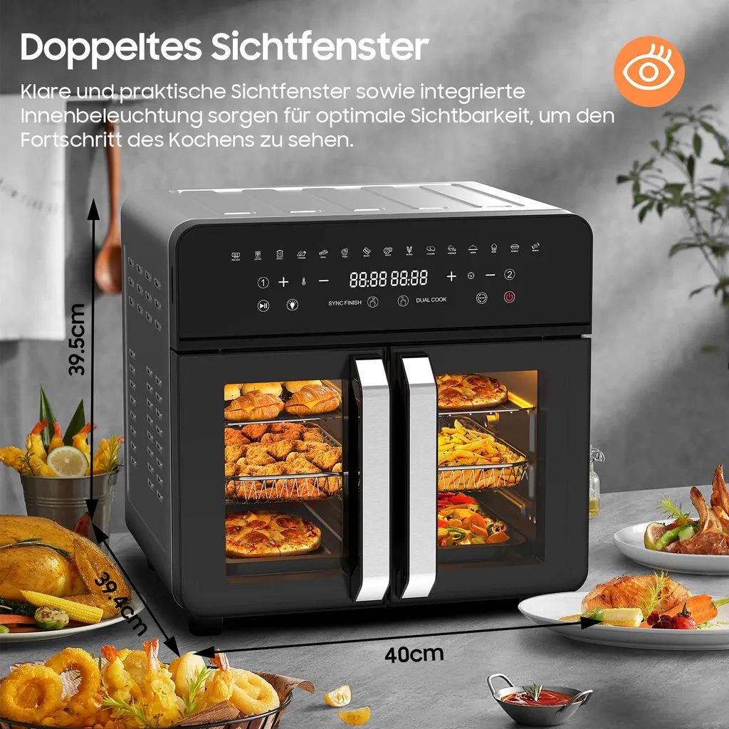 Friggitrice ad aria 23L a doppia zona, doppia porta con finestra, 15 programmi, touch LED, parete rimovibile, 2200 W