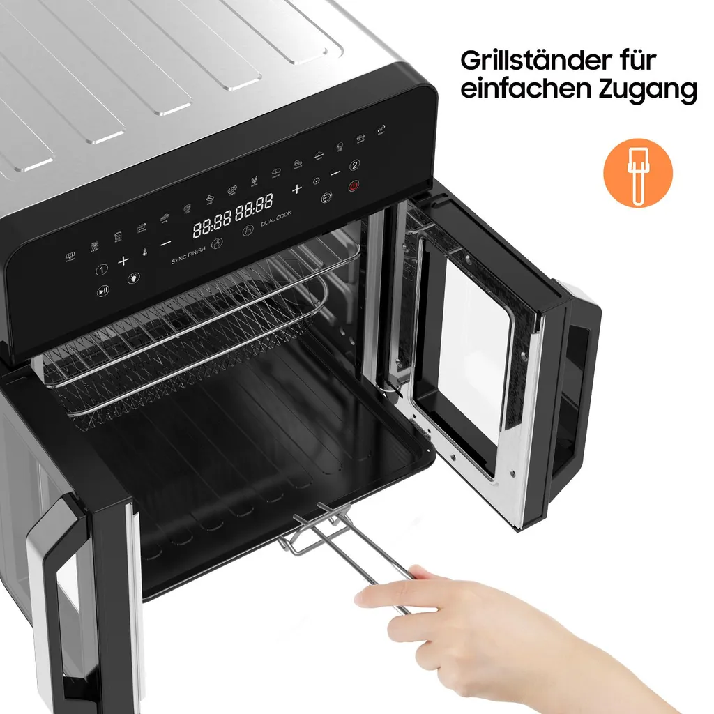 Friggitrice ad aria 23L a doppia zona, doppia porta con finestra, 15 programmi, touch LED, parete rimovibile, 2200 W