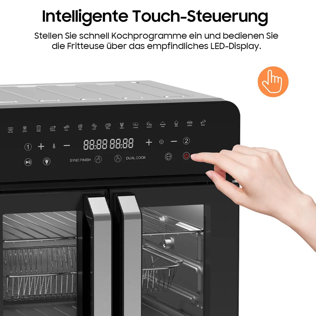 Friggitrice ad aria 23L a doppia zona, doppia porta con finestra, 15 programmi, touch LED, parete rimovibile, 2200 W