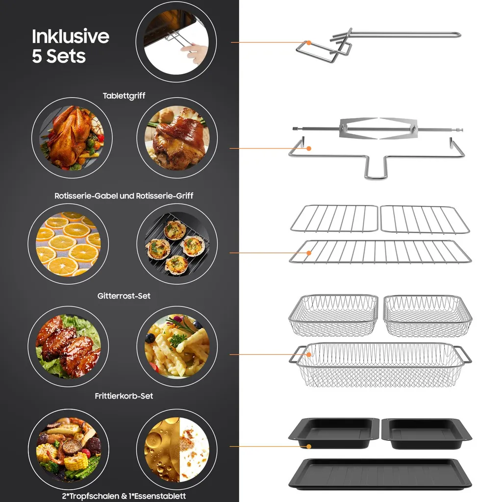 Friggitrice ad aria 23L a doppia zona, doppia porta con finestra, 15 programmi, touch LED, parete rimovibile, 2200 W