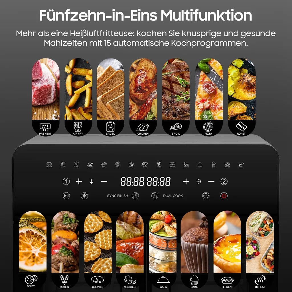 Friggitrice ad aria 23L a doppia zona, doppia porta con finestra, 15 programmi, touch LED, parete rimovibile, 2200 W