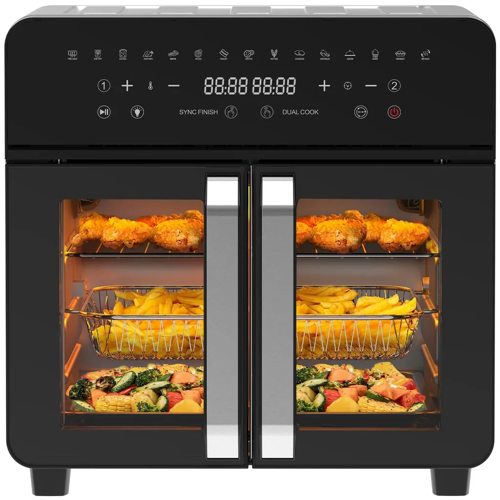 Friggitrice ad aria 23L a doppia zona, doppia porta con finestra, 15 programmi, touch LED, parete rimovibile, 2200 W