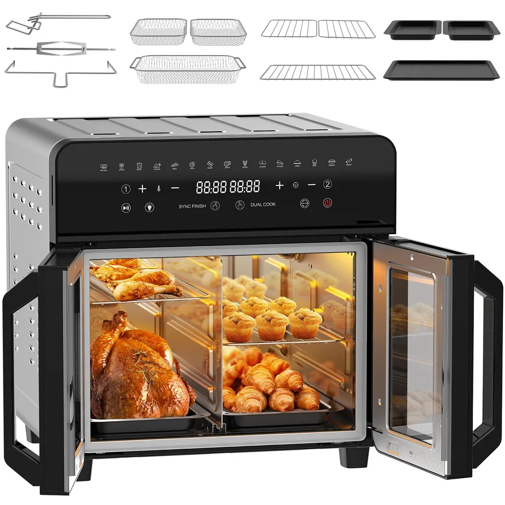 Friggitrice ad aria 23L a doppia zona, doppia porta con finestra, 15 programmi, touch LED, parete rimovibile, 2200 W