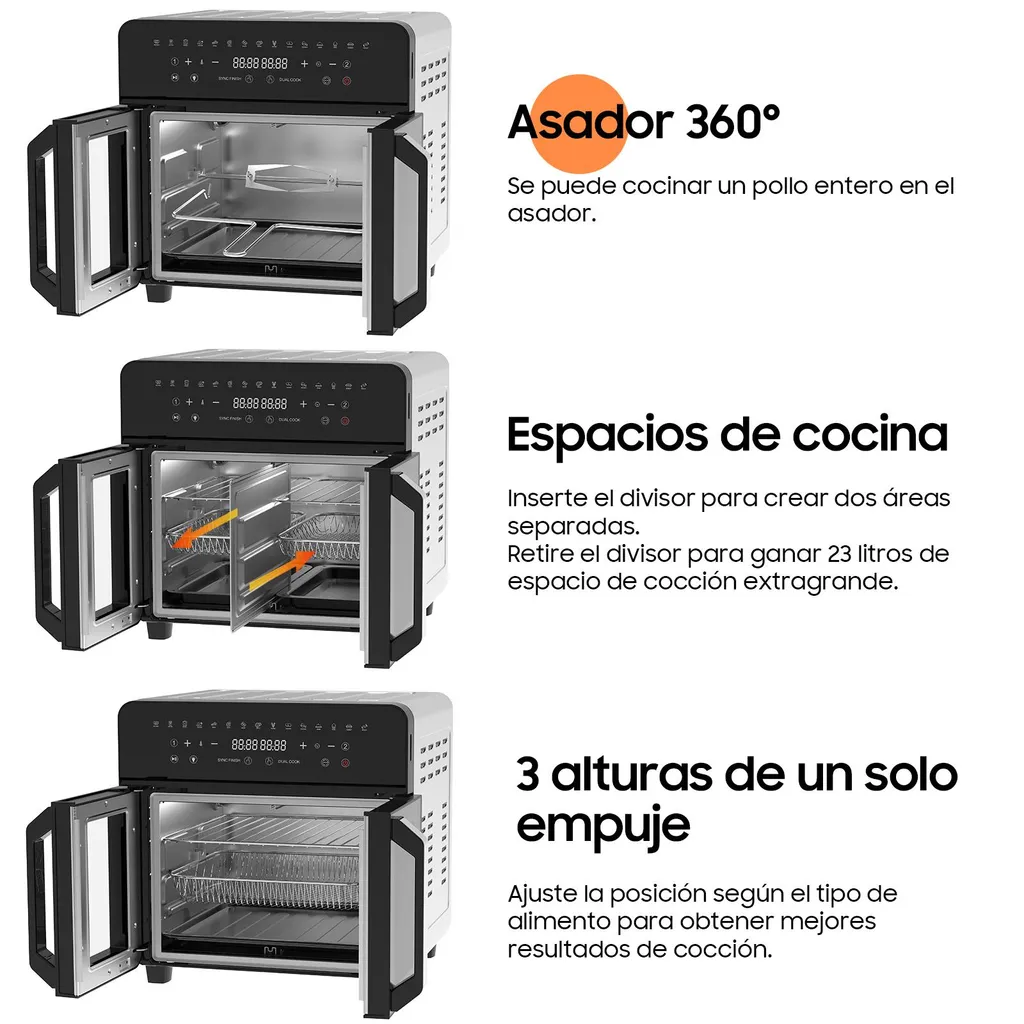 Friggitrice ad aria 23L a doppia zona, doppia porta con finestra, 15 programmi, touch LED, parete rimovibile, 2200 W