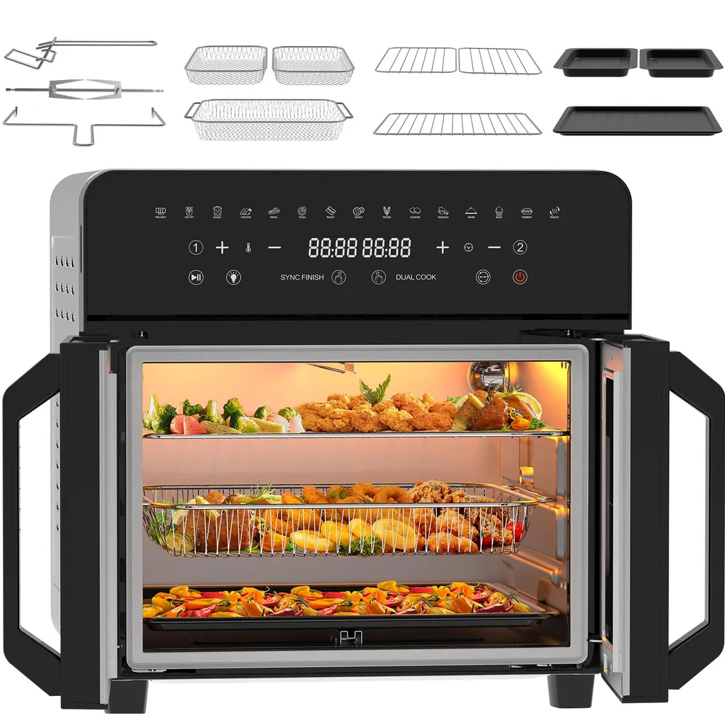 Friggitrice ad aria 23L a doppia zona, doppia porta con finestra, 15 programmi, touch LED, parete rimovibile, 2200 W