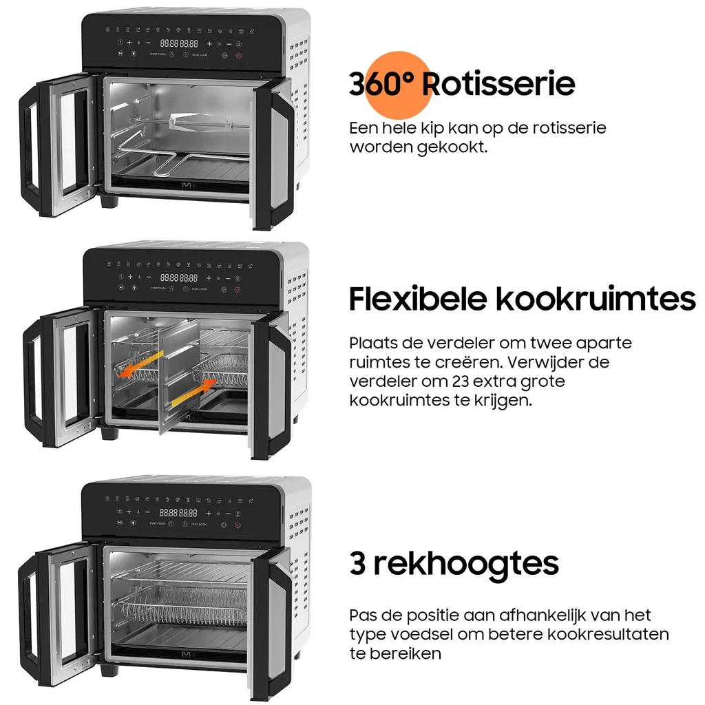 Friggitrice ad aria 23L a doppia zona, doppia porta con finestra, 15 programmi, touch LED, parete rimovibile, 2200 W