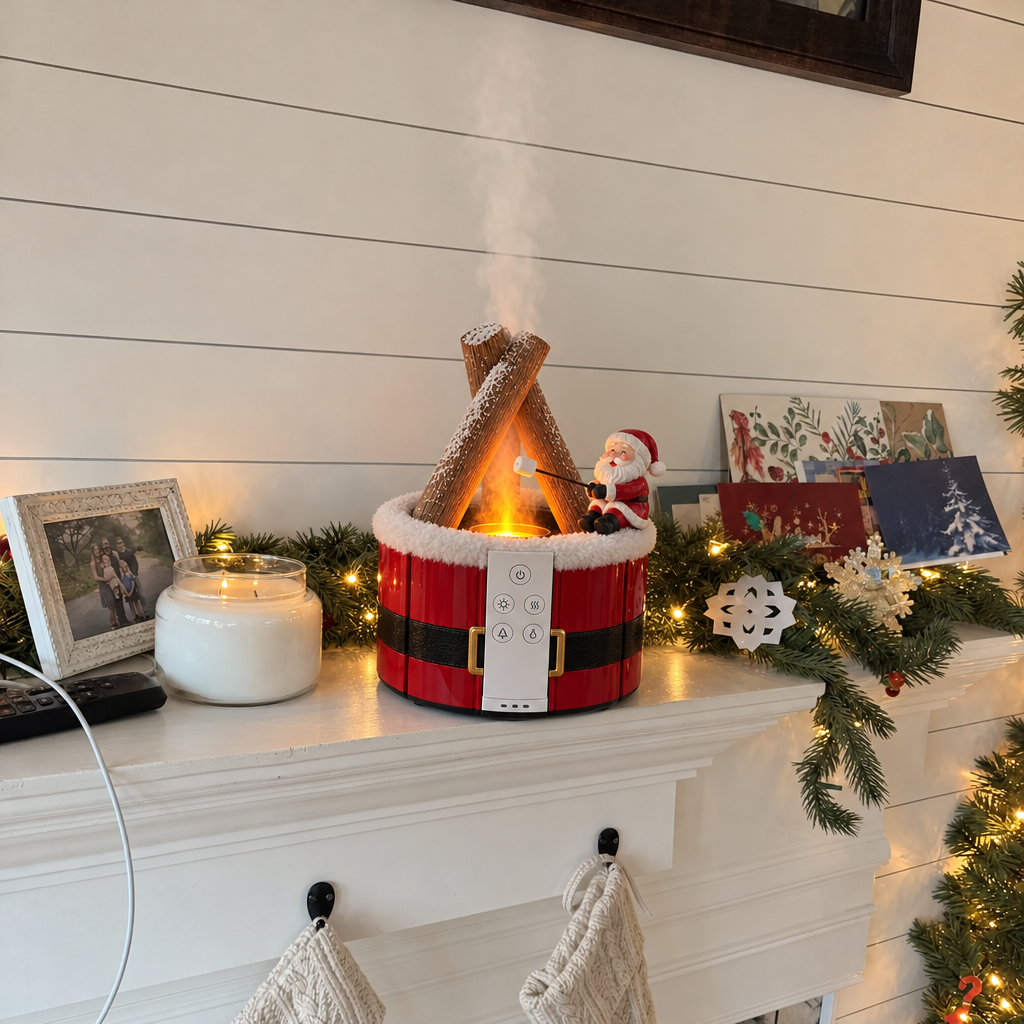 Santa diffuser on a mantel with Christmas cards, greenery, and stockings