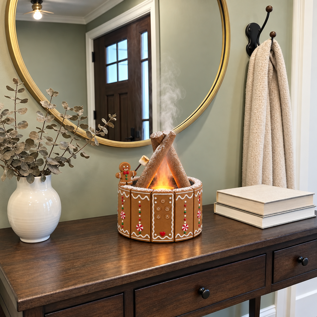 Gingerbread diffuser on an entryway table below a round mirror