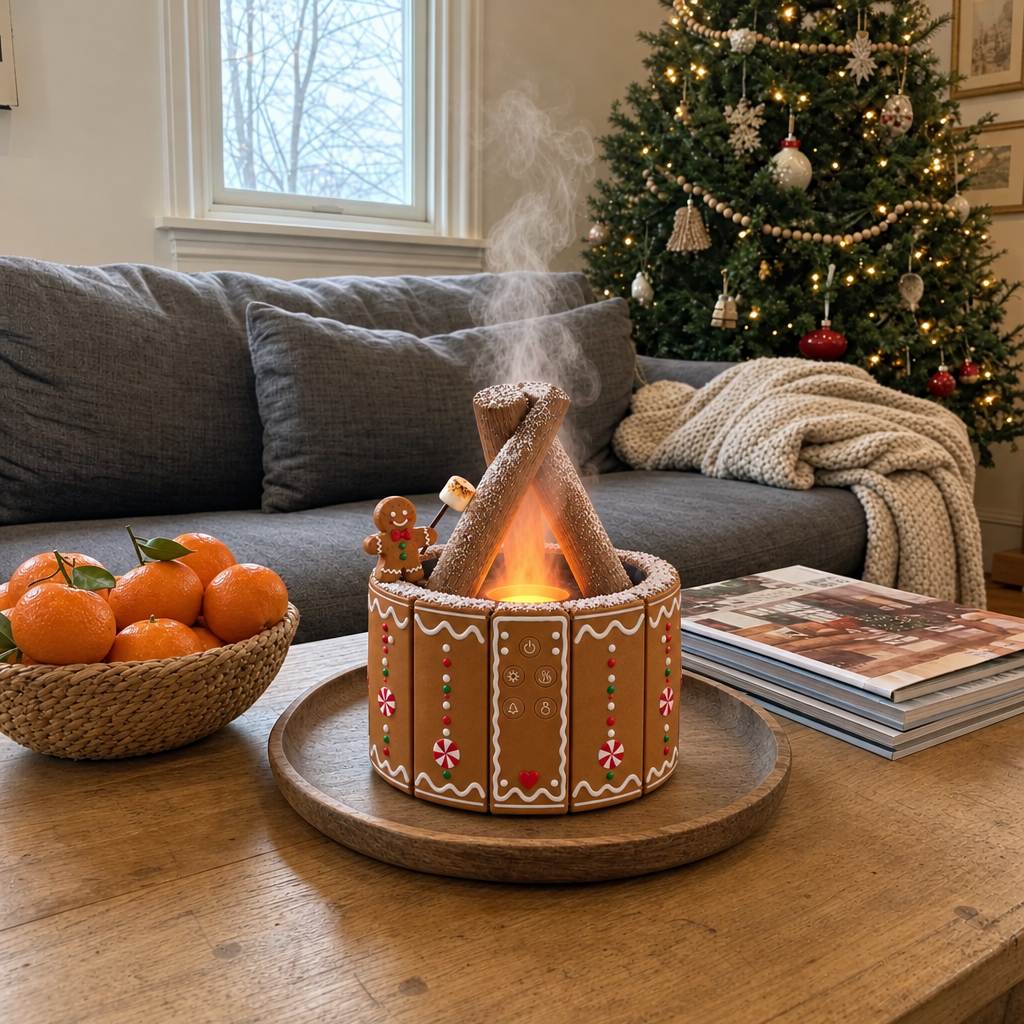 Gingerbread diffuser on a wooden tray in a living room beside a Christmas tree