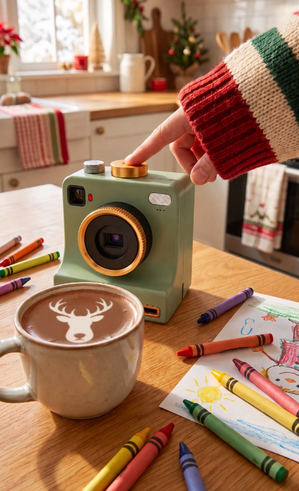 Latte art camera and hot chocolate with a digitally styled Christmas reindeer