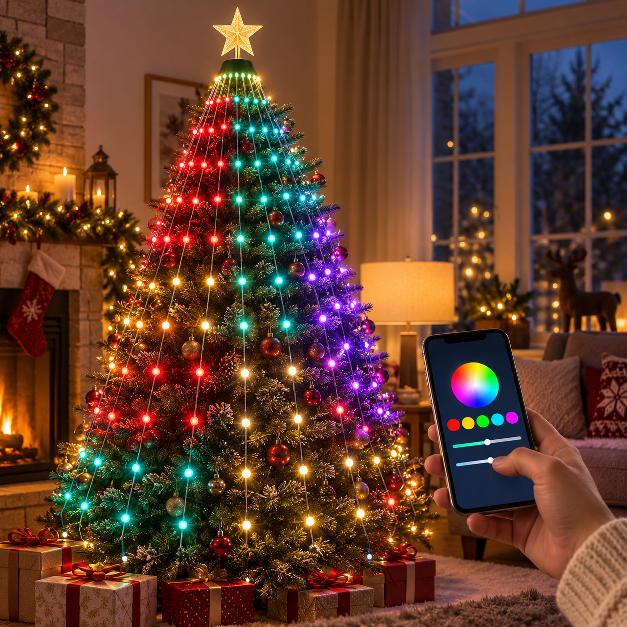 Smart LED Christmas tree lights controlled from a smartphone in a warm living room
