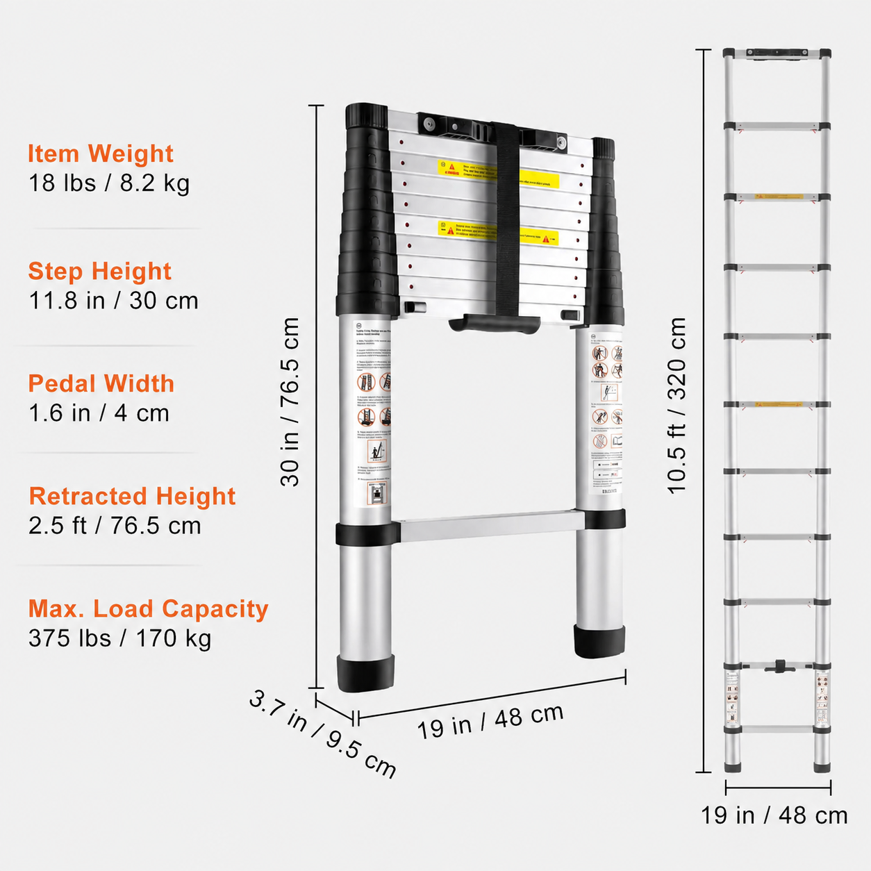 10.5 ft telescoping ladder dimensions