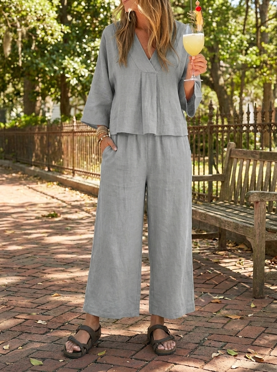 Women’s Linen V-Neck Wide-Leg Two-Piece Set