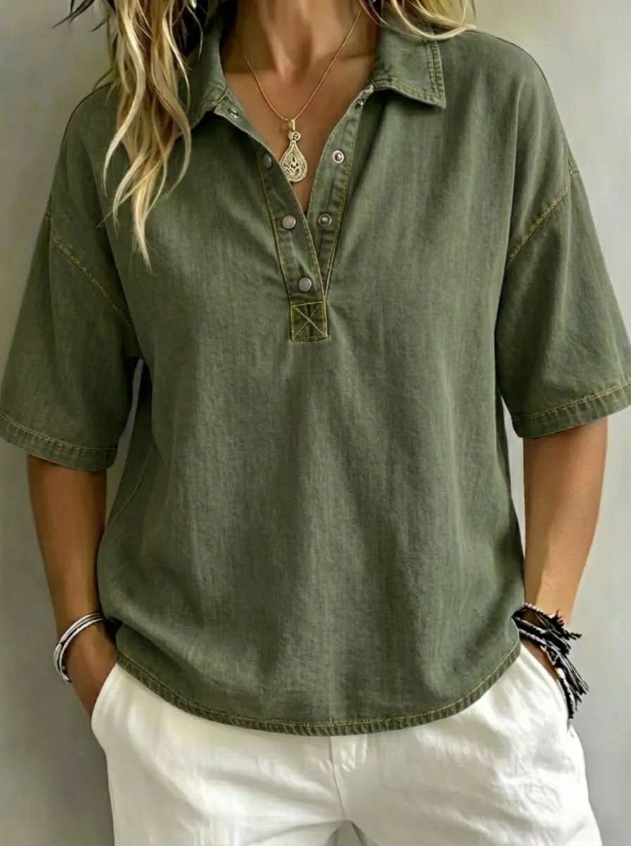Women’s Washed Denim Polo Casual Top