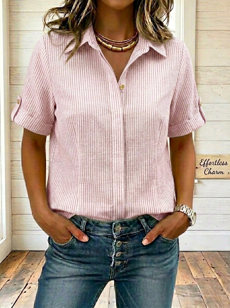Women’s Striped Cotton Linen Collared Button Blouse Top
