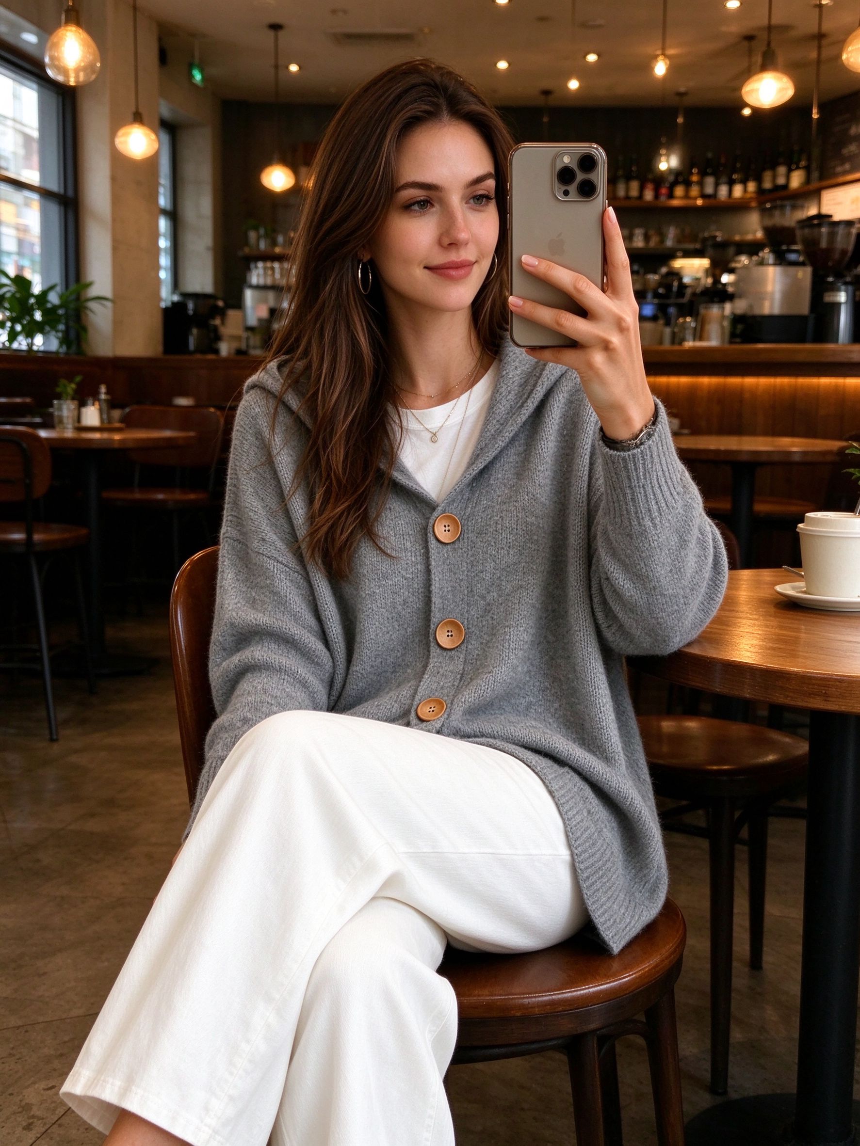 gray cardigan cafe selfie