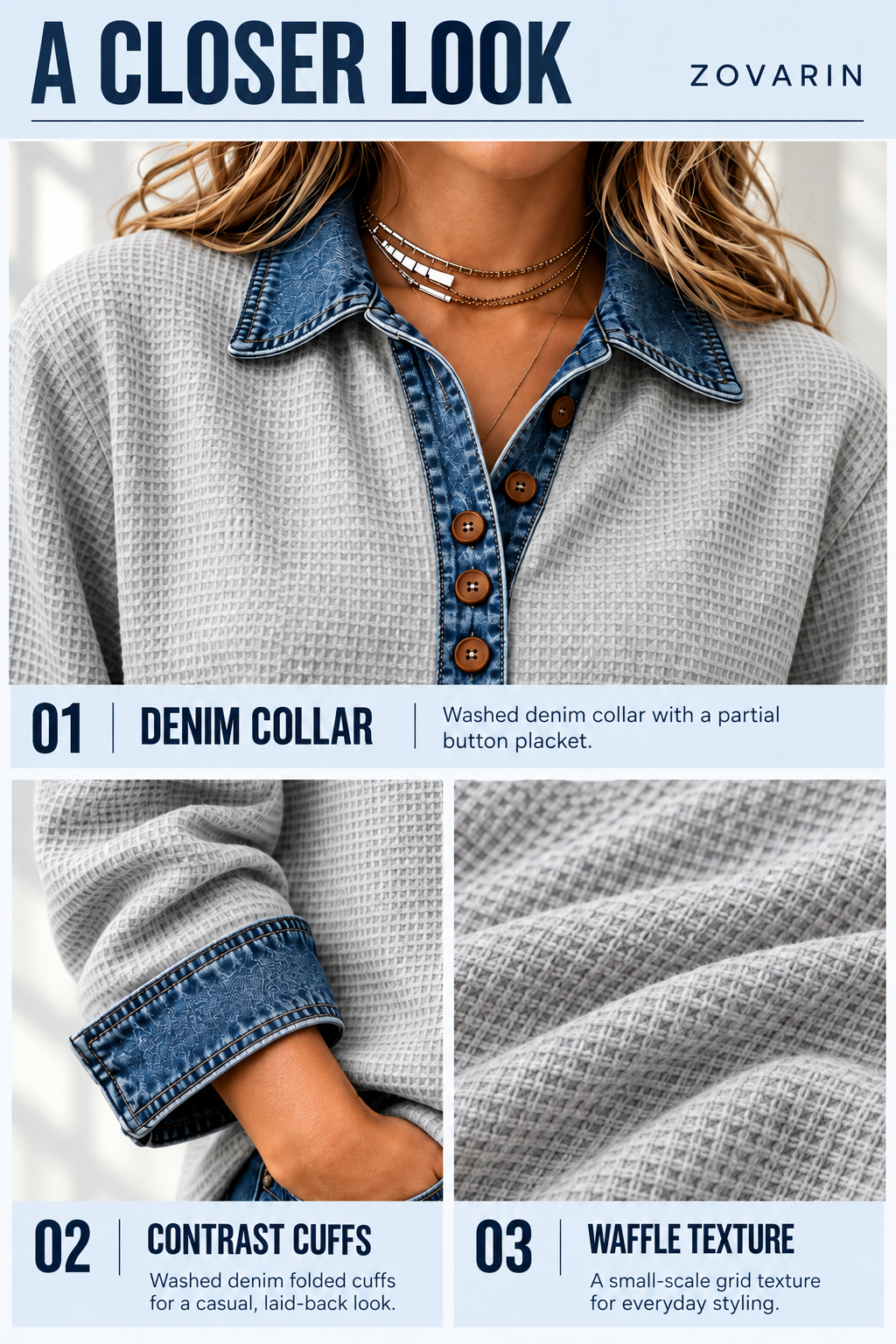 Denim Collar Button Waffle Top Closer Look