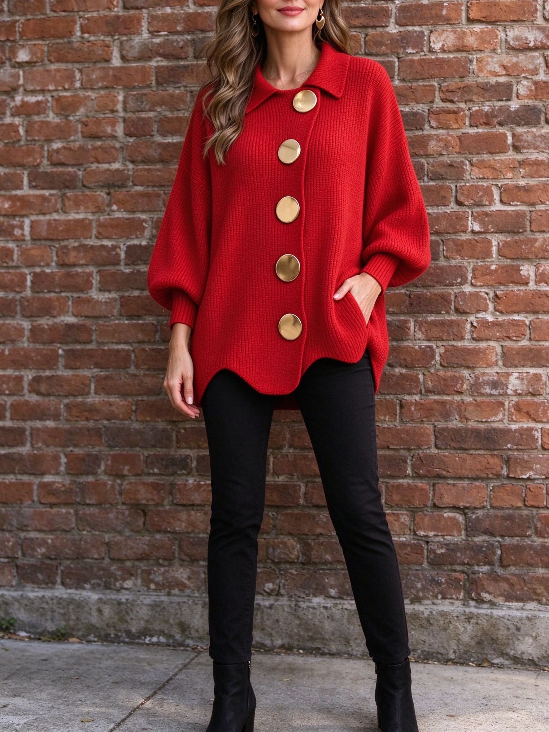 red cardigan with black pants