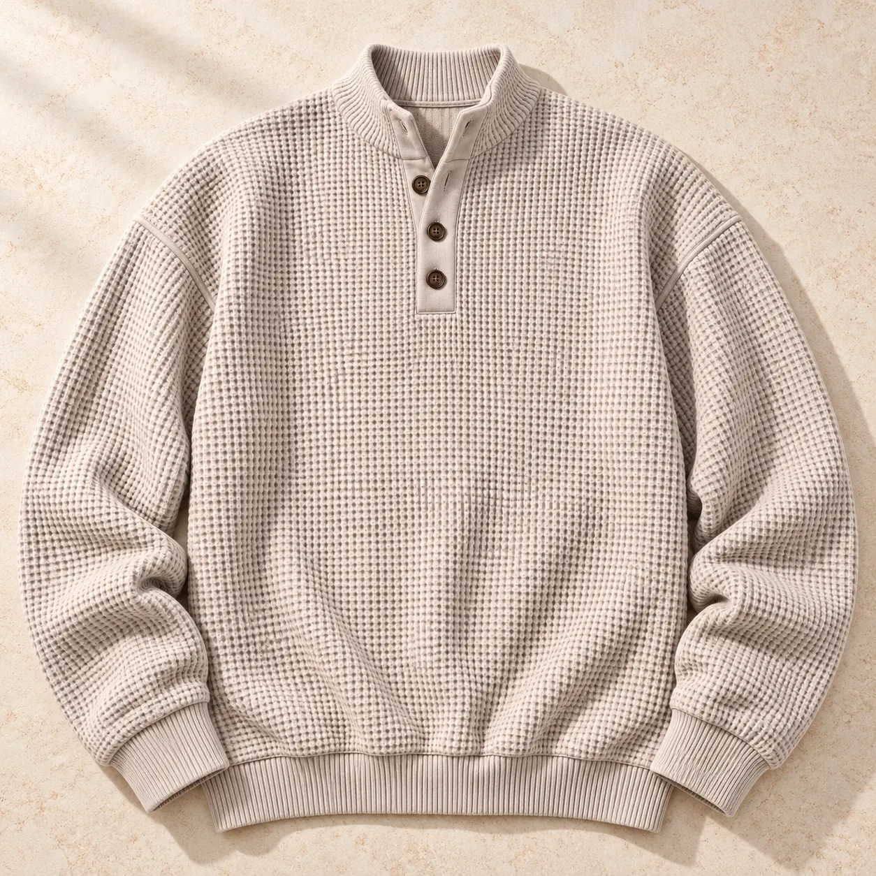 Beige mock-neck Henley sweater laid flat with three buttons, drop shoulders and ribbed cuffs and hem