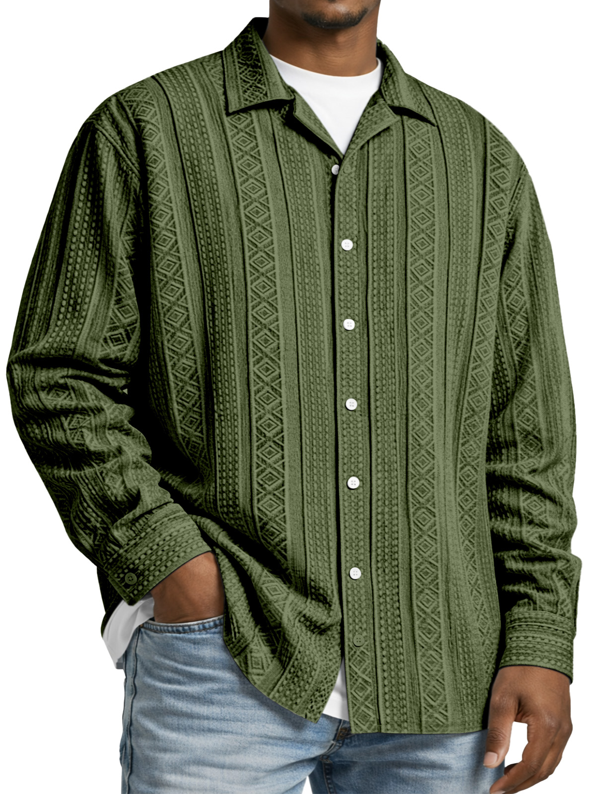 Men's Simple Solid Color Textured Long-sleeved Collared Shirt