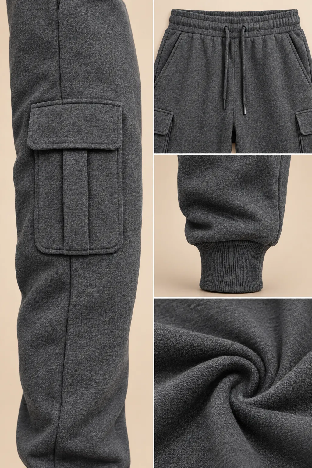 Dark gray hooded cargo jogger set construction detail