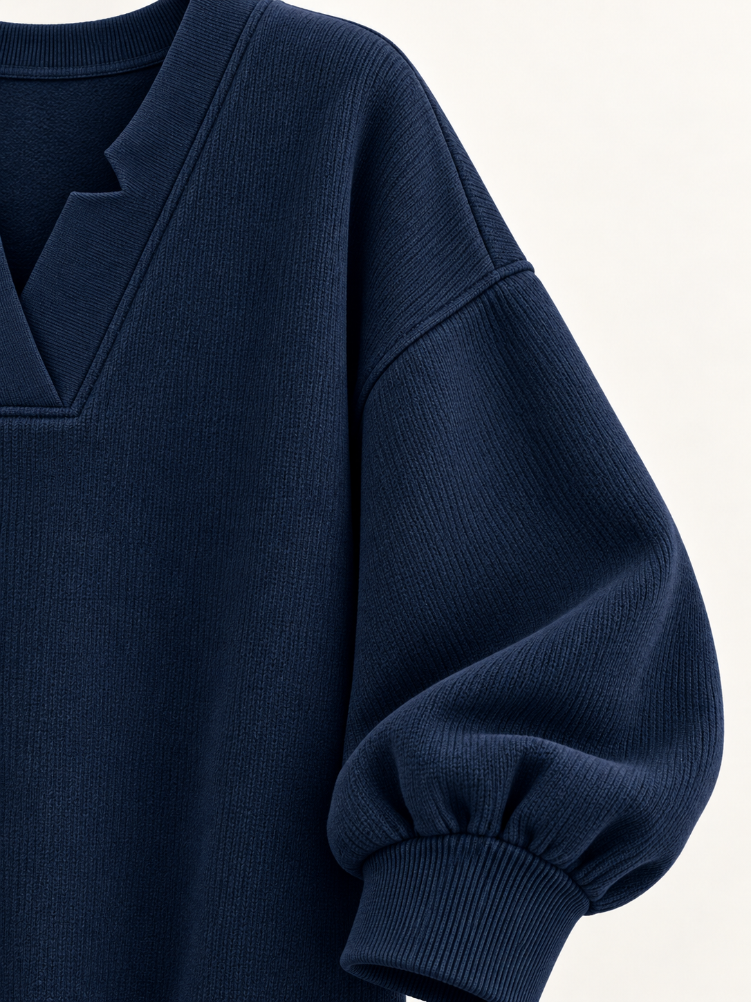 Close-up of the dropped shoulder and ribbed cuff