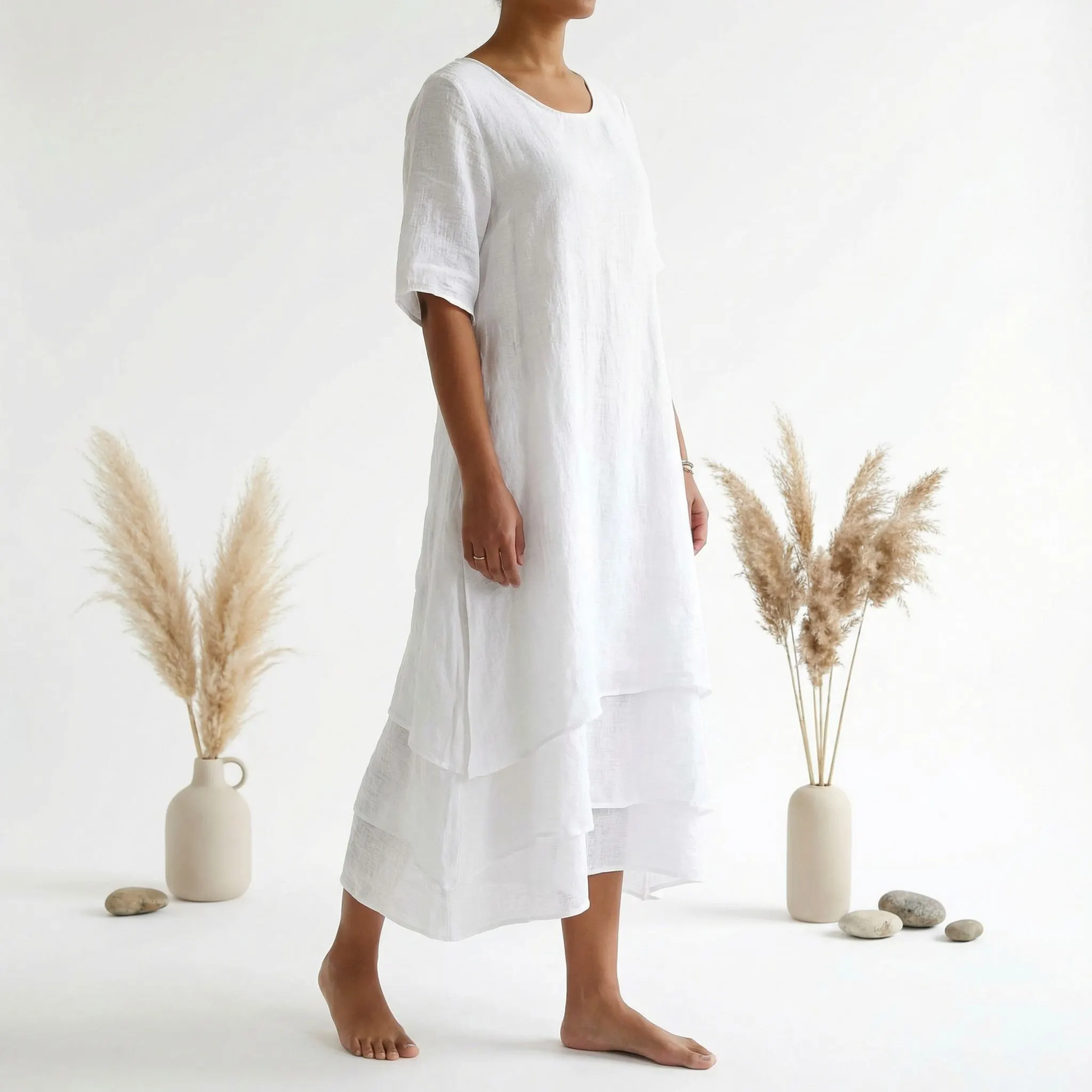 Model wearing premium linen blend dress