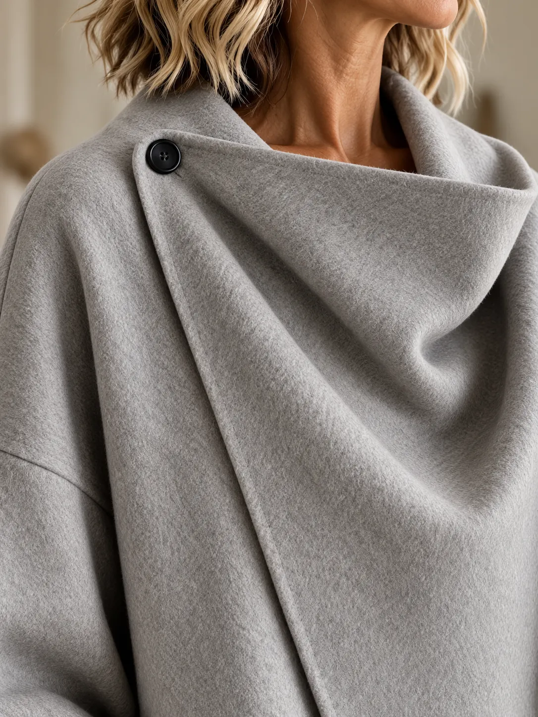 Single-button wrap collar detail